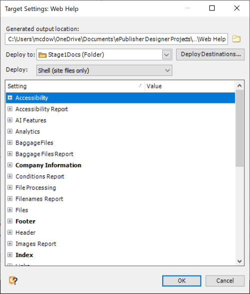 The Target Settings dialog with the Deploy scope field